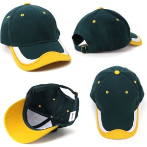 A green and yellow cap with a curved brim, featuring a logo and multiple angles of view.