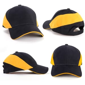 A two-layer sandwich cap in black and yellow with a logo, featuring front, side, and back views.