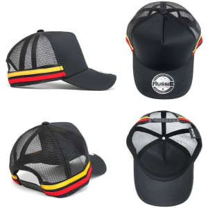 A black trucker cap featuring a mesh back and striped red and yellow detailing, with a logo on the front.