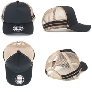 A black and tan Ponytail Cap featuring mesh panels and a circular logo on the front.