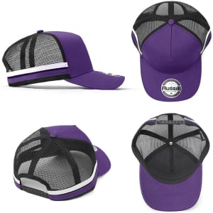 A purple and black striped trucker cap featuring mesh panels and a logo. The cap displays a classic A-frame design.