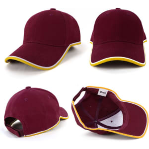 A burgundy cap with a yellow trim and a small logo, featuring a classic baseball style design.