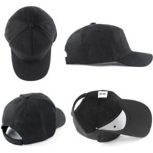 A black 5-panel cap made of 100% cotton, featuring a branding logo and multiple viewing angles.