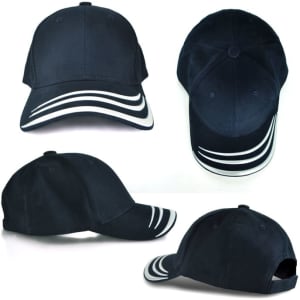 A navy cap with white striped detailing, featuring multiple angles of the headwear, including a branded logo.