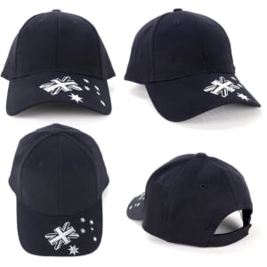 A navy blue cap featuring a logo and star design, displayed from multiple angles.