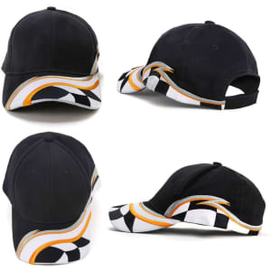 A black cap featuring a checkered design and orange accents on the brim, with a logo displayed.