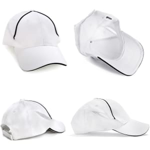 A white cap with black accents, featuring a logo and multiple angles showcasing its design.