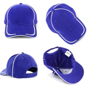 A purple cap featuring white accents, with a curved brim and an adjustable strap at the back. It has a logo.