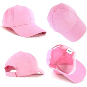 A pink kids cap featuring a curved brim, adjustable strap, and a branded tag inside.