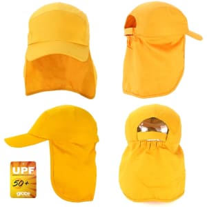 A yellow Legionnaire cap with an extended neck flap and a logo, displayed from various angles.