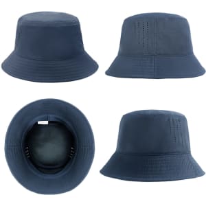 A navy blue bucket hat featuring ventilation holes and a subtle logo, shown from multiple angles.