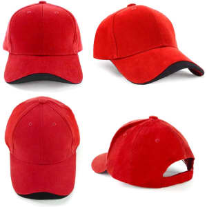 A red cap with a black peak and an adjustable strap at the back, featuring a logo.