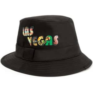 A black Trilby hat featuring a decorative design with the word "Las Vegas" in vibrant colours.
