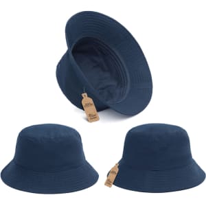 A navy blue bucket hat with a wide brim and a logo tag attached. Multiple angles displayed.