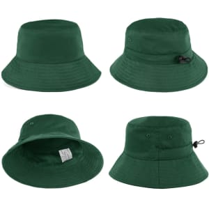 A green KINDY hat in multiple views, featuring a wide brim and an adjustable drawstring. It has a branding logo.