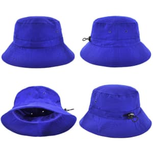 A vibrant blue polyviscose bucket hat featuring multiple angles and a drawstring for adjustment, with a logo present.