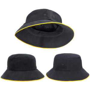 A black bucket hat with a yellow trim, featuring a logo and a wide brim.