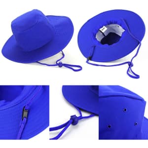 A blue Poly Cotton Slouch Hat with a wide brim and adjustable drawstring. Features ventilation holes and a logo.