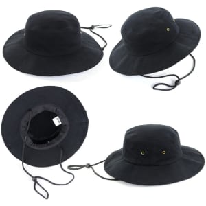 A black bucket hat with a wide brim, featuring a drawstring and eyelets, shown from multiple angles.
