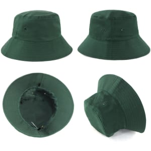 A green polycotton bucket hat with a wide brim and ventilation holes, featuring an interior lining.