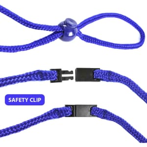 A blue rope with a toggle and safety clip, showcasing a secure fastening mechanism.