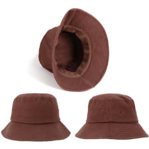 A brown bucket hat with a wide brim, featuring an interior lining and a logo.
