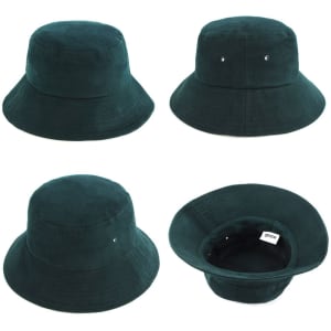 A green kids bucket hat featuring a wide brim and inner tag, with two decorative side studs.