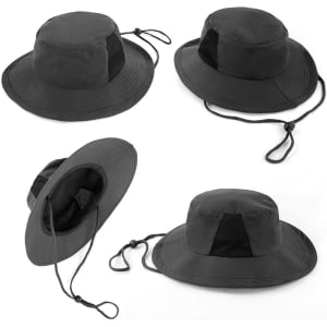 A black microfibre surf hat with mesh sides and a drawstring, displayed from multiple angles.