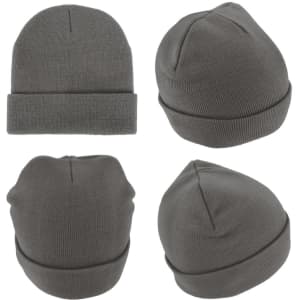 Acrylic beanie in grey, featuring a ribbed texture and a simple design. Includes branding details.