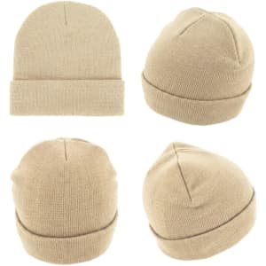 Acrylic beanie in a beige colour, displayed from multiple angles. Features a knitted texture and has a logo.