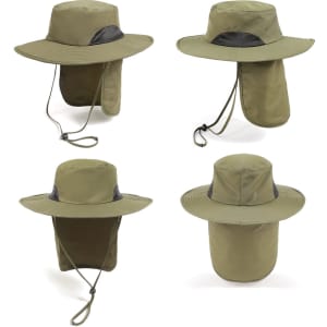 An olive green outdoor hat featuring a wide brim and a neck flap, designed for sun protection. Includes a logo.