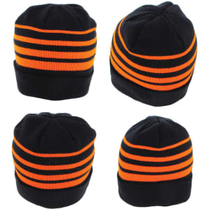 Acrylic beanie in black with orange stripes, featuring a logo on one side. Four views of the beanie are displayed.