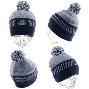 A navy and grey striped beanie with a pom-pom on top, displayed from multiple angles. It has a logo visible.