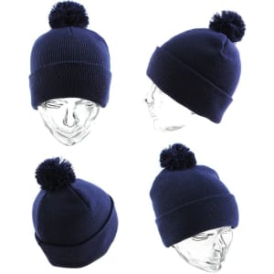 A navy blue beanie with a pom-pom, displayed from multiple angles on a transparent mannequin head.