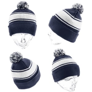 A navy and white beanie with a pom-pom on top, featuring striped patterns, displayed from multiple angles.