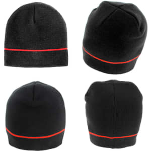 Acrylic two-tone beanie in black with a red stripe, showcased from multiple angles. It features a logo.