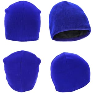Acrylic beanie in bright blue with an inner lining, shown from multiple angles. Features a logo on the exterior.