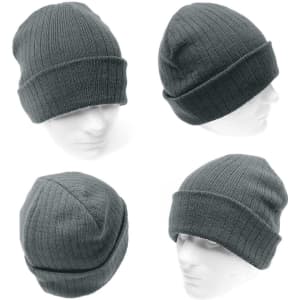 A wool blend beanie in dark grey, featuring a ribbed texture and a logo. Displayed from multiple angles.