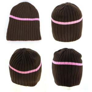 Acrylic cable knit beanie in brown with a pink stripe, featuring multiple views. Includes a logo.