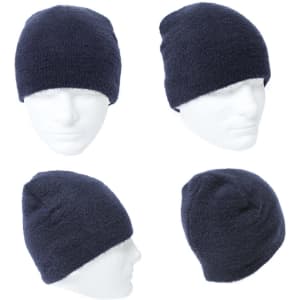A dark navy shaggy beanie featured from multiple angles, showcasing its soft texture and shape. It has a simple logo.
