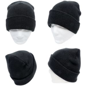 A black grid knit beanie displayed from multiple angles, featuring a logo on its side.