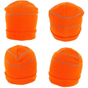 An orange beanie featuring reflective trim, shown from multiple angles. Includes a logo on the design.