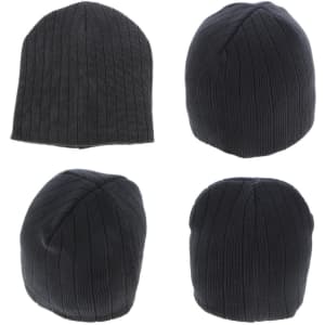A black ribbed beanie featuring a logo, displayed from multiple angles. Made from 100% cotton.