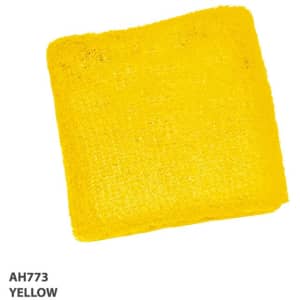 A yellow wrist band with a textured surface, featuring a logo or branding detail.