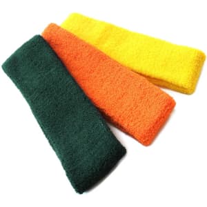 Three headbands in green, orange, and yellow, made from soft, textured fabric, featuring a logo.