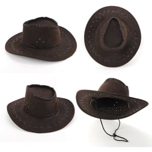 A brown cowboy hat with decorative stitching and ventilation holes, featuring a chin strap.
