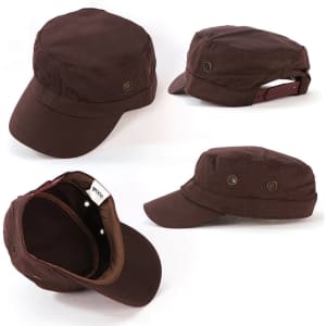 A brown military cap featuring a rounded crown, adorned with ventilation eyelets and an adjustable strap at the back.