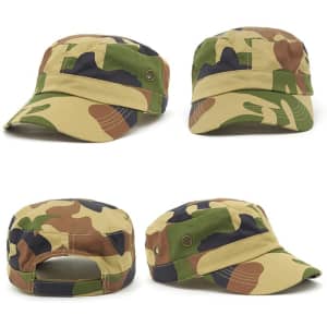 A camo military design cap featuring a blend of greens, browns, and beiges, with a logo on the side.