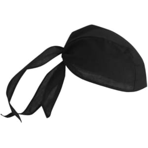 A black three-panel bandanna with ties for secure fastening, featuring a simple design and a logo.