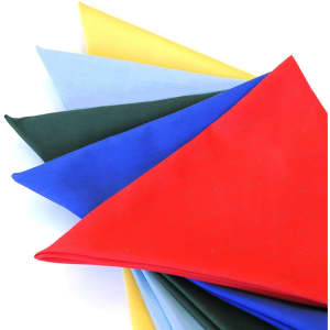 A collection of bandannas in red, blue, green, yellow, and light blue, arranged in a fan shape.